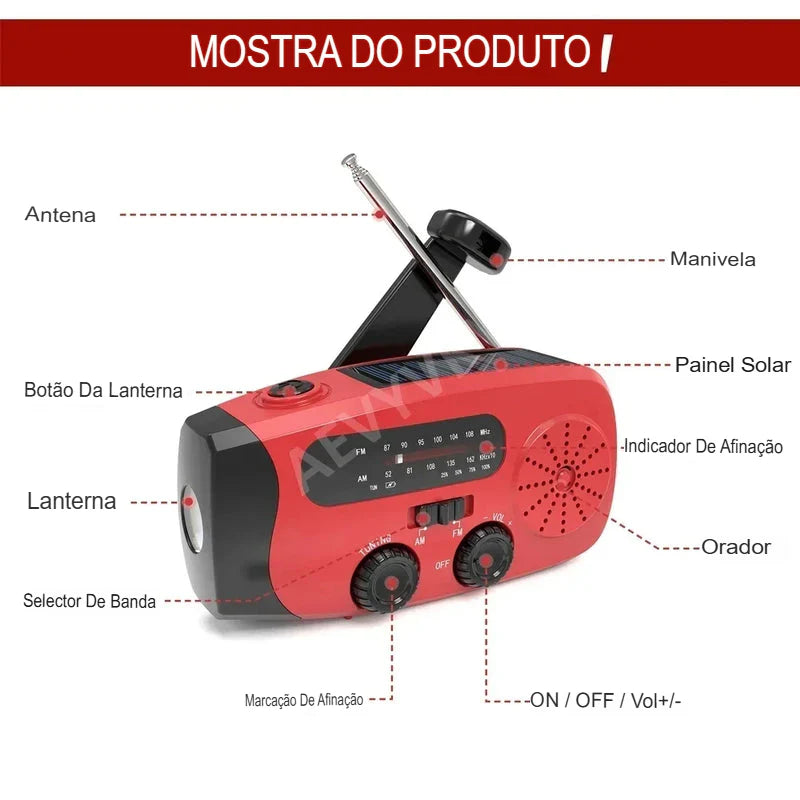 Rádio de Emergência Solar + Manivela "VITALINK"